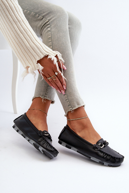 Skórzane Mokasyny Damskie Z Ozdobą Czarne S.Barski LR339