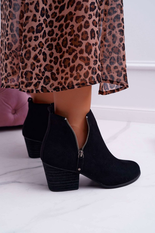 Botki Damskie Na Obcasie Suwak Zamszowe Czarne Farre