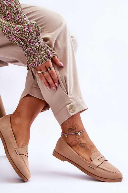 Wygodne Zamszowe Damskie Mokasyny Ciemnobeżowe Lucca