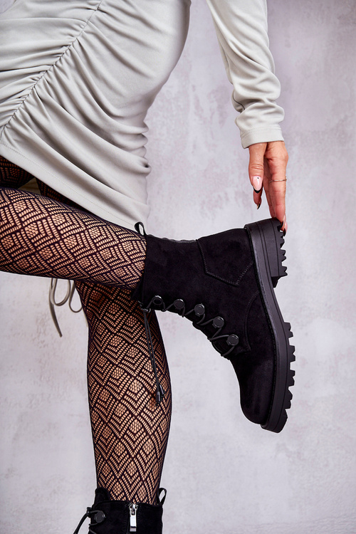 Damskie Zamszowe Ocieplane Botki Ze Ściągaczem Czarne Helia