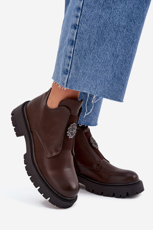 Ocieplane Niskie Botki Damskie Z Ozdobą Na Zamek Brązowe Lavira