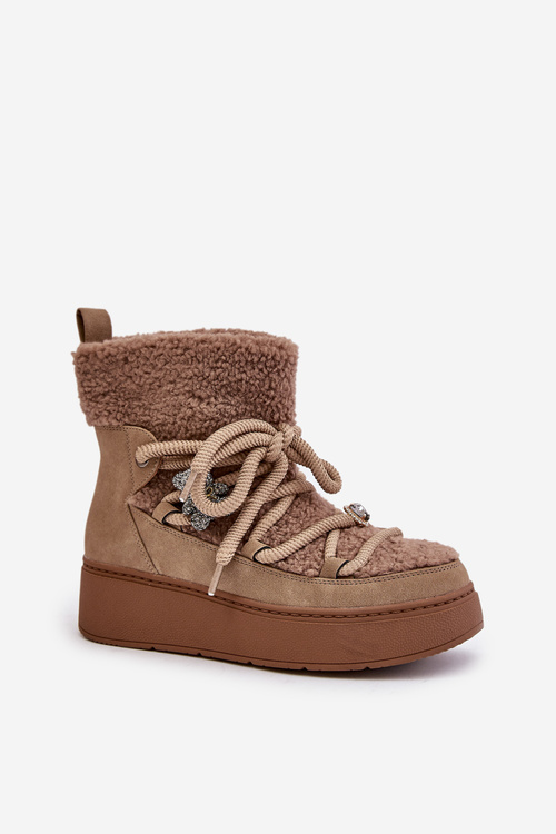 Śniegowce Damskie Z Przypinkami I Futerkiem Typu Baranek Brązowe Almatiza