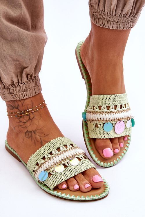 Damskie Plecione Zdobione Klapki Zielone Millano