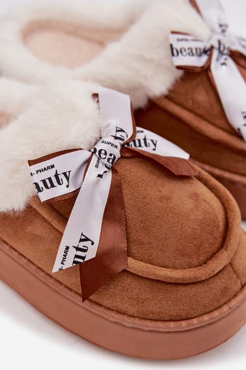 Kapcie Damskie Z Futerkiem I Kokardką Brązowe Fenella