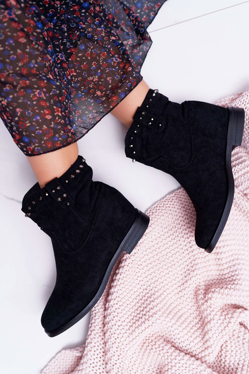 Botki Damskie Na Koturnie Płaski Obcas Ocieplane Za Kostkę Czarne Deminis