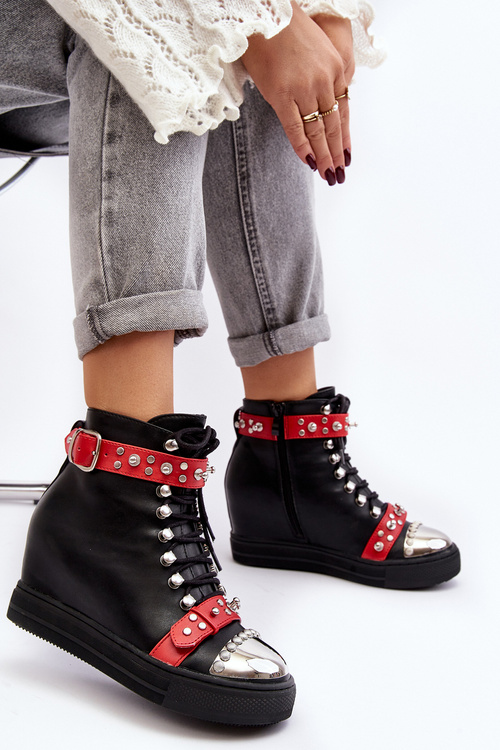 Ocieplane Botki Na Koturnie Z Dżetami Ekoskóra Lu Boo Czarne