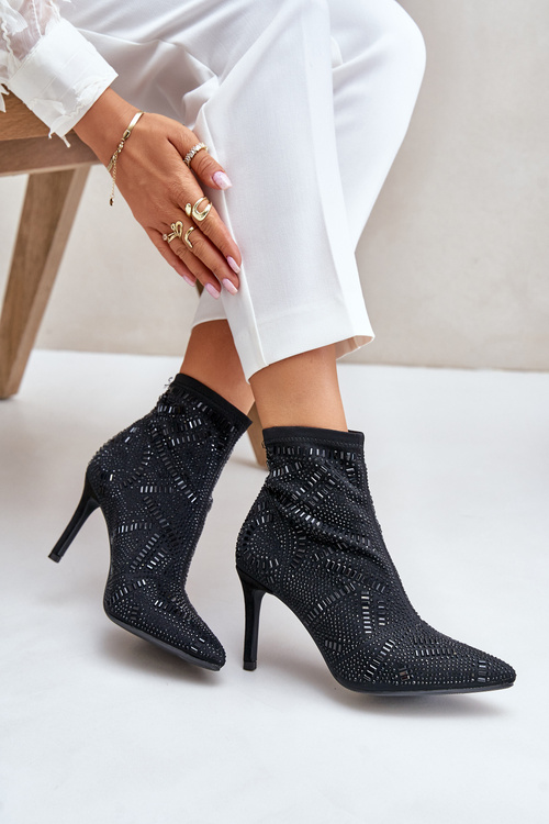 Wsuwane Zdobione Botki Na Szpilce S.Barski HY42-161 Czarne