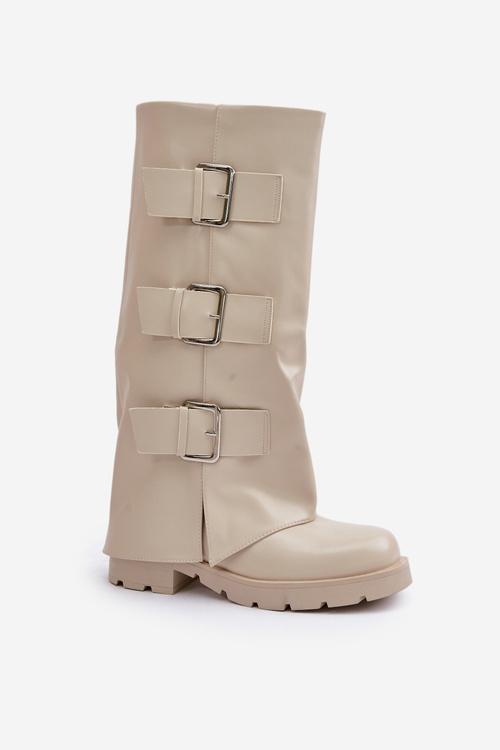 Ocieplane Kozaki Z Wywiniętą Cholewką I Klamrami Jasnobeżowe Cialetta