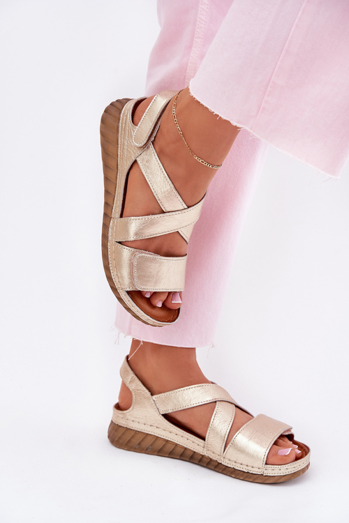 Skórzane Sandały Damskie Na Rzep Maciejka L6848-25 Złote