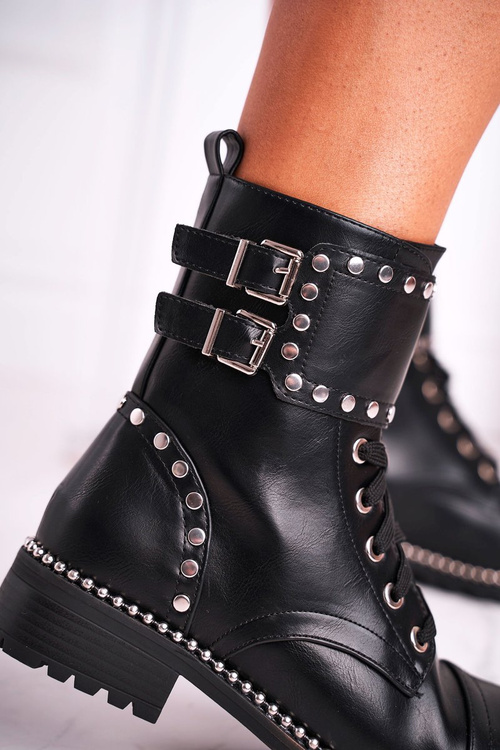 Botki Damskie Ciepłe Srebrne Nity Czarne Freed