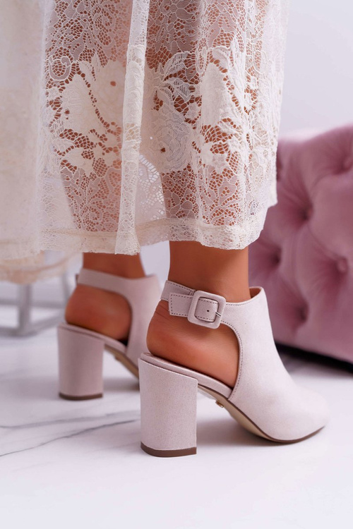 Sandały Damskie Na Słupku Z Cholewką Peep Toe Beżowe Esta