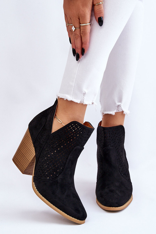 Botki Damskie Na Słupku Zamszowe Ażurowe Czarne Shades