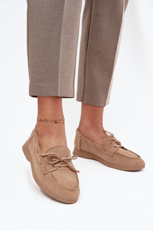 Półbuty Mokasyny Damskie Płaskie Z Wiązaniem Beżowe Zalina