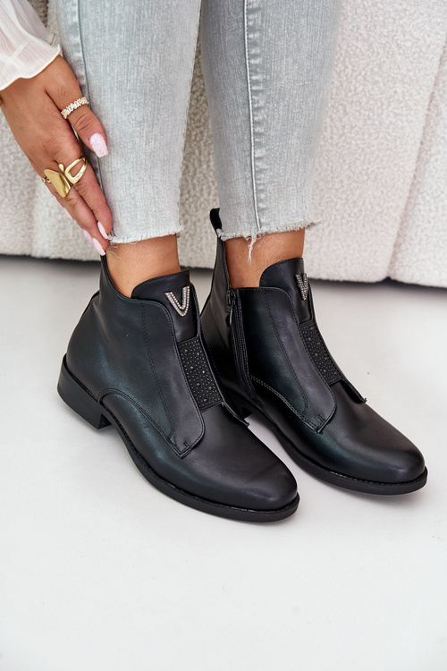 Niskie Botki Damskie Na Płaskim Obcasie Ocieplane Czarne S.Barski HY42-119 Czarne