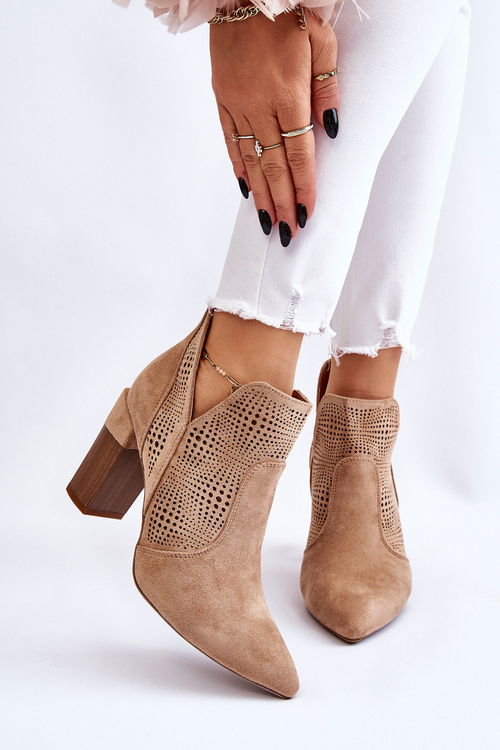Ażurowe Zamszowe Botki Na Obcasie Beżowe Leanna