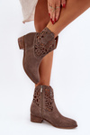 Zazoo 3404 Ażurowe Botki Kowbojki Na Niskim Obcasie Zamszowe Brązowe