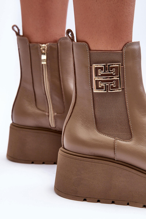 Damskie Skórzane Botki Na Masywnej Platformie Ciemnobeżowe Lemar Savira