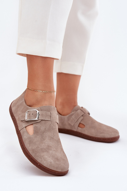 Zamszowe Półbuty Barefoot Damskie Z Klamrą Zazoo N1261 Beżowe