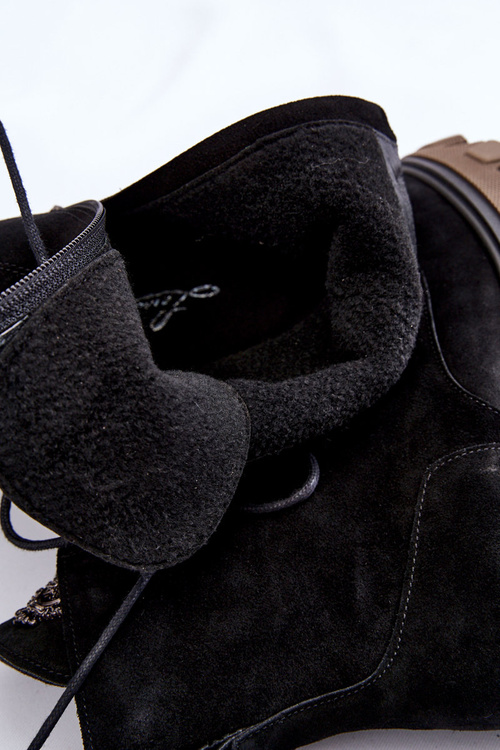 Zamszowe Damskie Ocieplane Botki Trapery Czarne Lemar Rehin