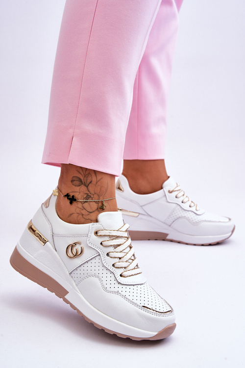 Damskie Skórzane Buty Sportowe Na Koturnie Biało-Złote Rebeca