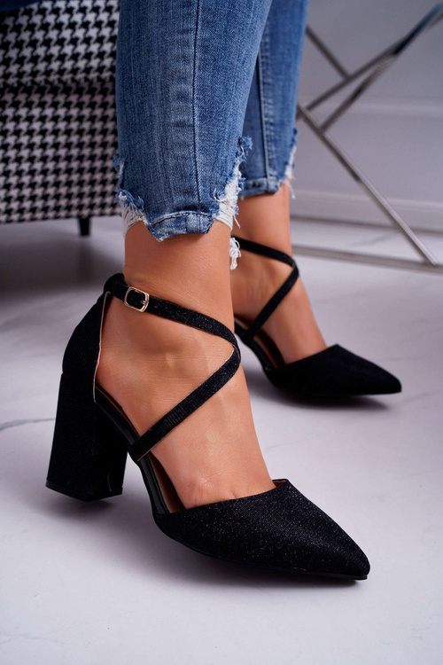 Czółenka Damskie Na Słupku Brokatowe Czarne Trever