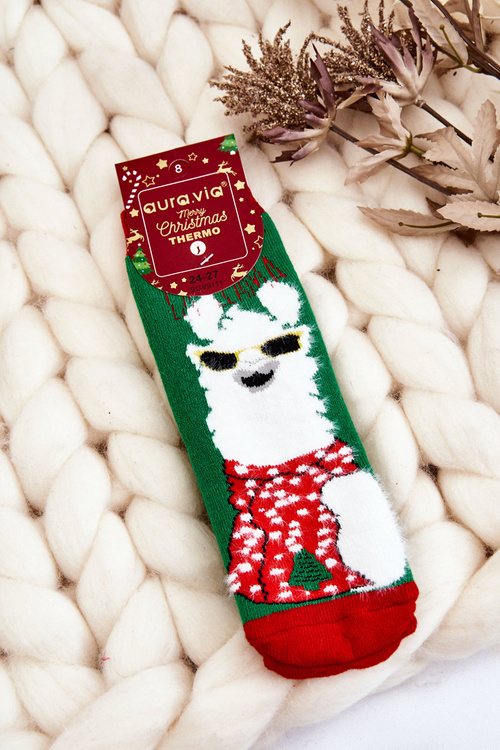 Dziecięce Świąteczne Bawełniane Skarpety Termoaktywne Alpaka Zielone