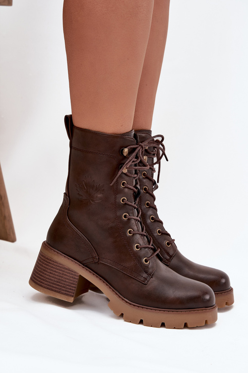 Botki Workery Damskie Na Klocku Ocieplane Vinceza 89136 Brązowe