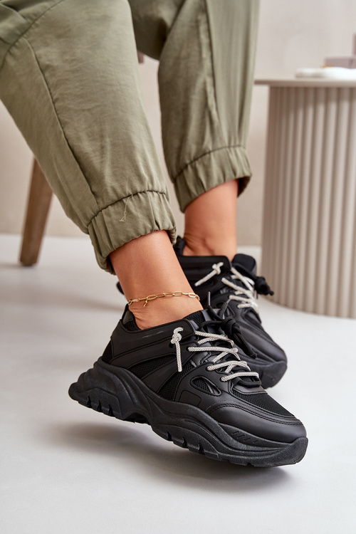 Sneakersy Damskie Na Masywnej Podeszwie Z Ozdobnym Sznurowaniem Czarne Relissa