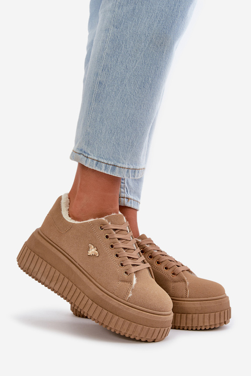 Sneakersy Damskie Ocieplane Na Masywnej Podeszwie Ze Złotym Detalem Brązowe Lotira