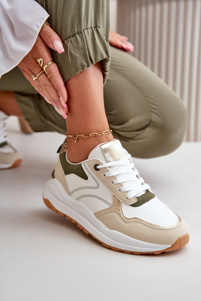 Sneakersy Damskie Na Platformie Z Eko Skóry Beżowo-Zielone Issatta