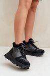 Skórzane Sneakersy Trapery Damskie Z Futerkiem Na Platformie Big Star OO274A329 Czarne