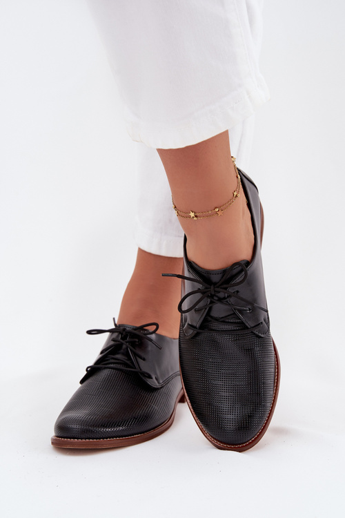 Skórzane Półbuty Damskie Eleganckie Sznurowane Zazoo 4238 Czarne
