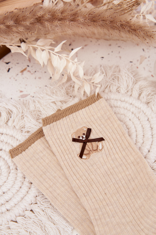 Bawełniane Skarpetki W Prążki Z Misiem Beżowe