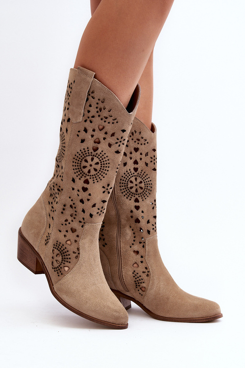 Zazoo 3396 Zamszowe Ażurowe Kozaki Do Połowy Łydki Jasnobeżowe