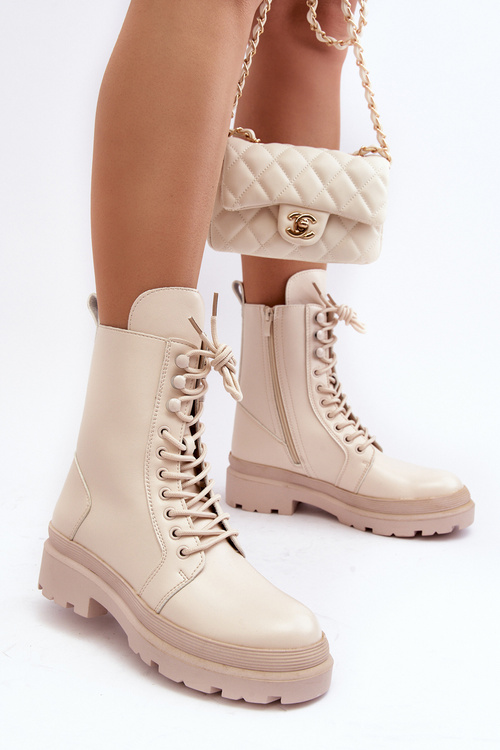 Botki Workery Damskie Ekoskóra Jasnobeżowe Irande