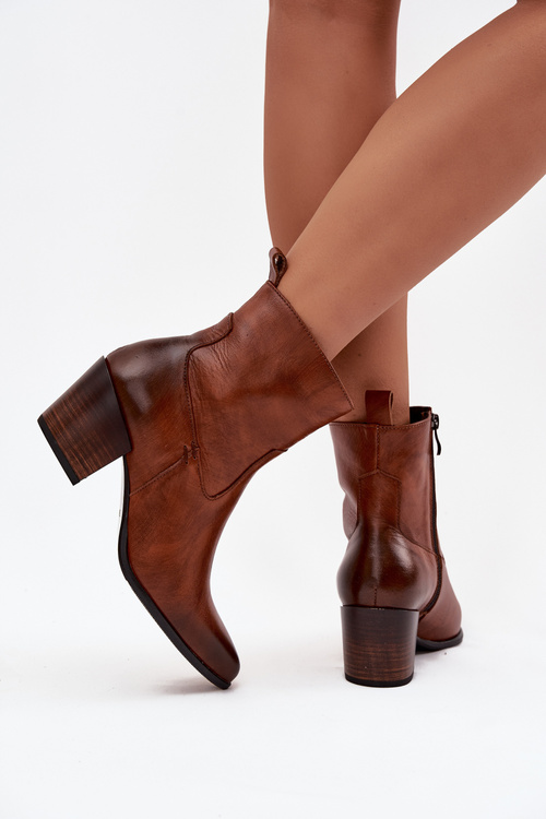 Skórzane Botki Kowbojki Damskie Na Słupku Ocieplane Zazoo 60565 Brązowe