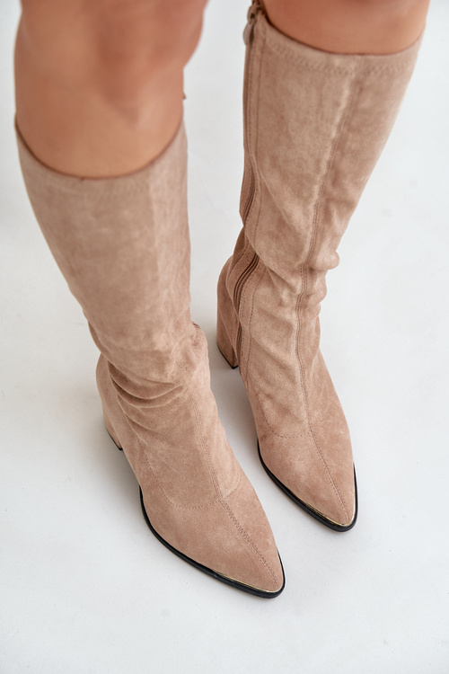 Eko Zamszowe Kozaki Na Słupkowym Obcasie Beżowe Batirae