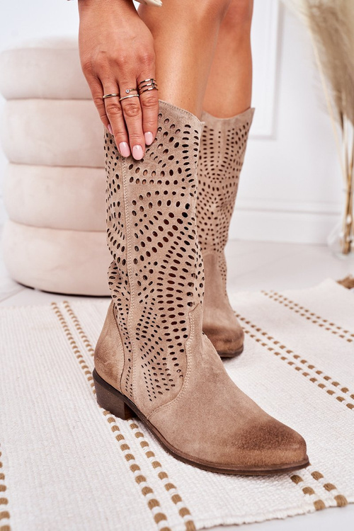 Wiosenne Ażurowe Kozaki Zamszowe Exquisite 1229 Beżowe