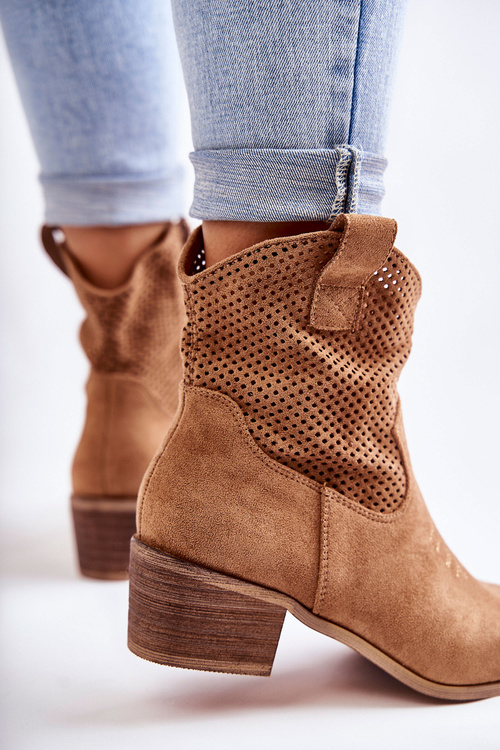 Zamszowe Ażurowe Botki Kowbojki Z Przeszyciem Camel Elvire