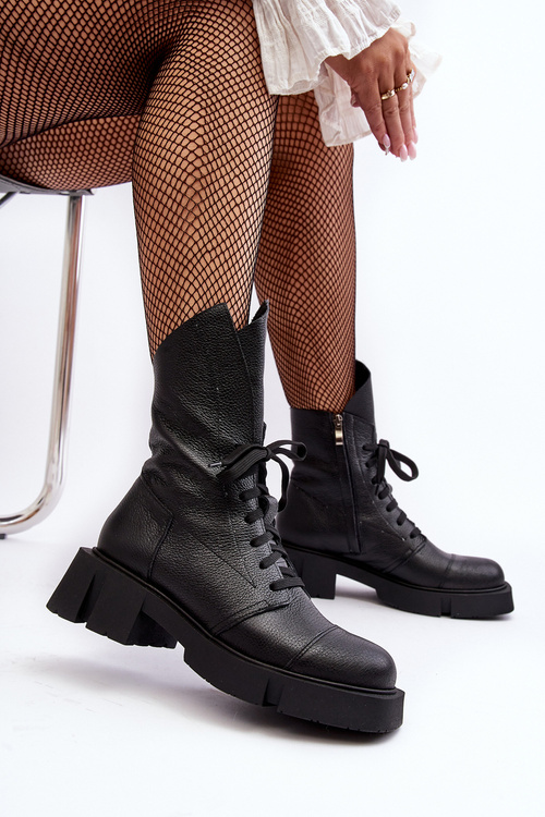 Damskie Skórzane Botki Workery Na Masywnym Płaskim Obcasie Zazoo 976A Czarne