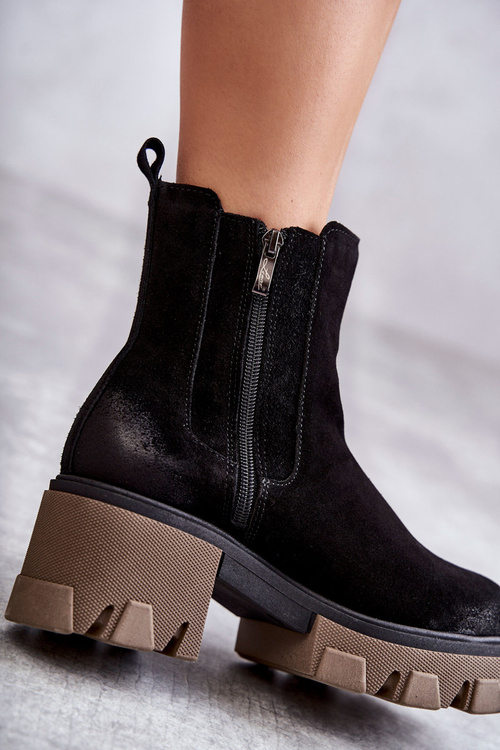 Zamszowe Damskie Botki Na Platformie Czarne Lemar Hilde