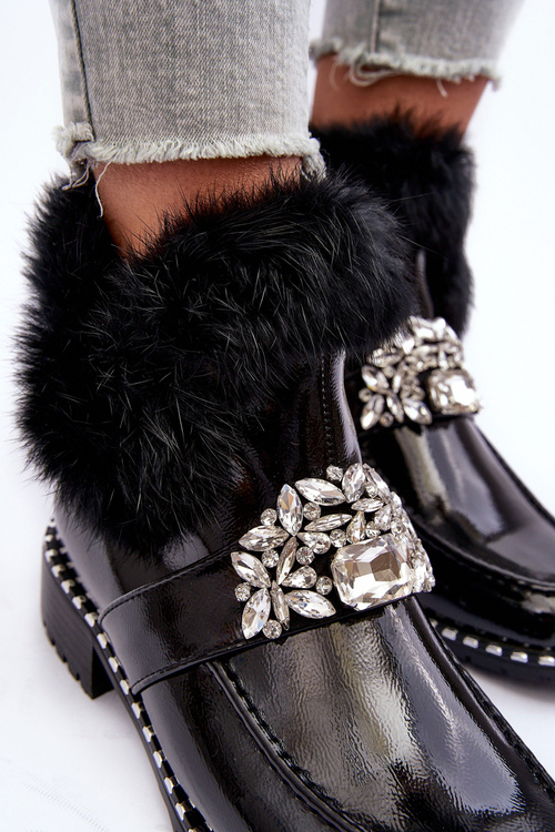 Lakierowane Botki Z Ozdobą I Futerkiem S.Barski MR870-73 Czarne