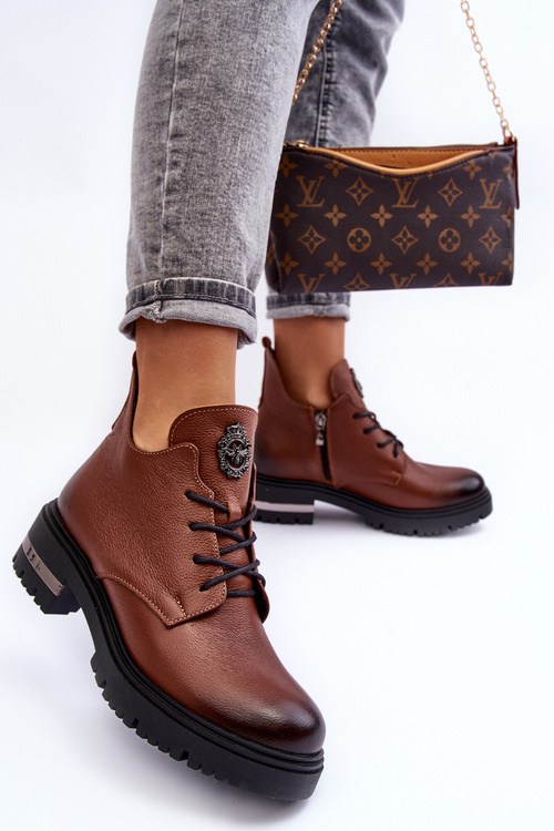 Damskie Skórzane Botki Na Płaskim Obcasie Brązowe Lemar Charline