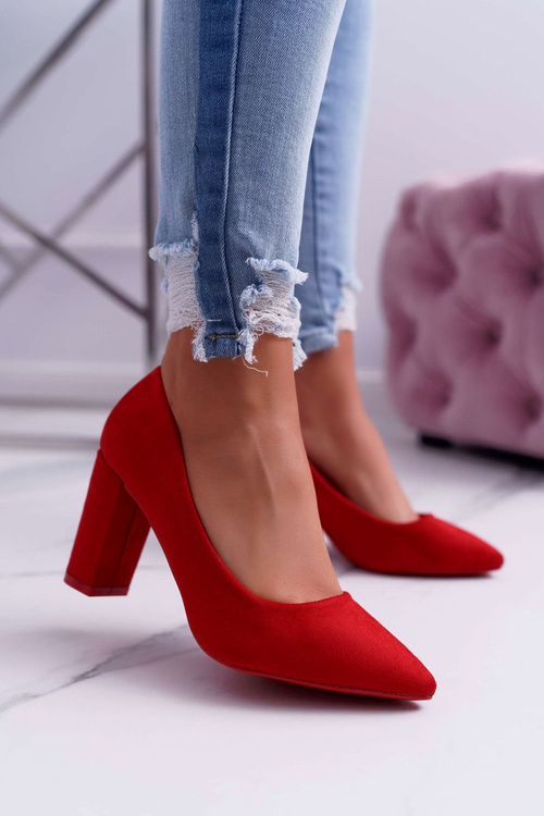 Czółenka Damskie Na Słupku Zamszowe Czerwone Raspberry