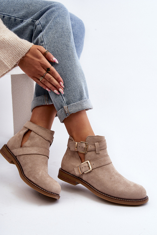 Damskie Botki Na Płaskim Obcasie Z Paskami Jasnobeżowe Melviana