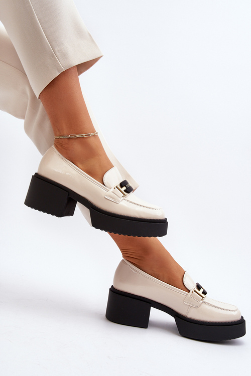 Damskie Lakierowane Mokasyny Na Masywnym Obcasie Jasnobeżowe Ridulvi