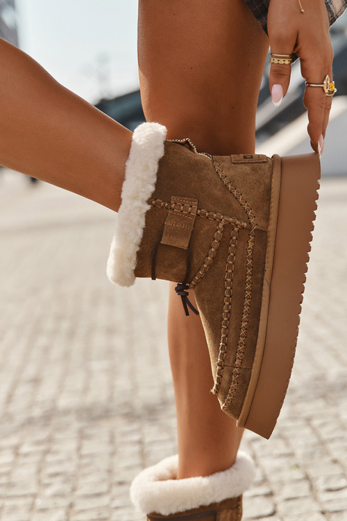 Zamszowe Śniegowce Damskie Z Ozdobnymi Przeszyciami Big Star SS274373 Camel