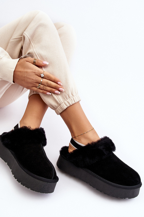 Skórzane Zamszowe Kapcie Damskie Na Platformie Z Futerkiem Czarne Sophienne