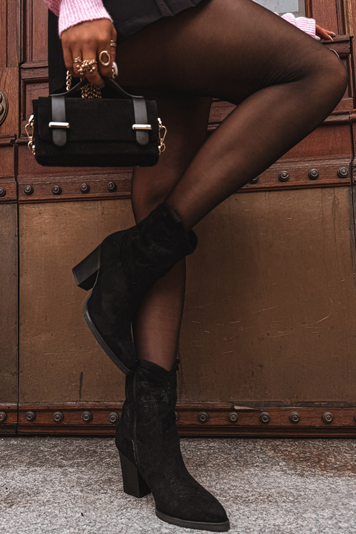 Botki Kowbojki Damskie Na Słupku Eko Zamszowe Czarne Carissa