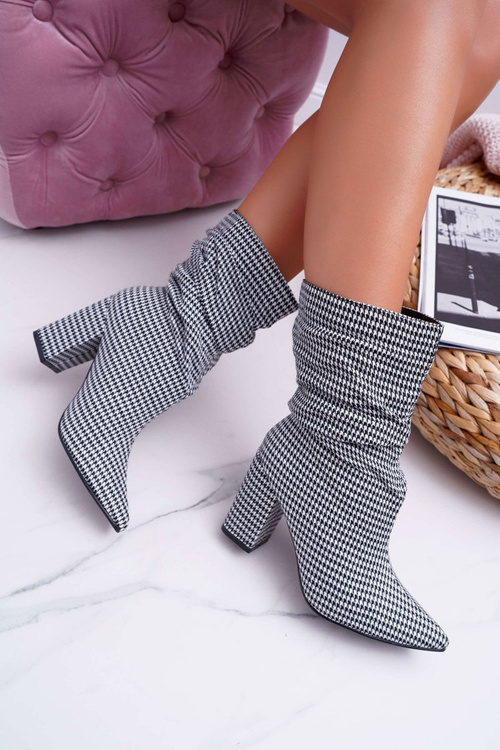 Botki Damskie Na Słupku w Pepitkę Biało Czarne Vibe